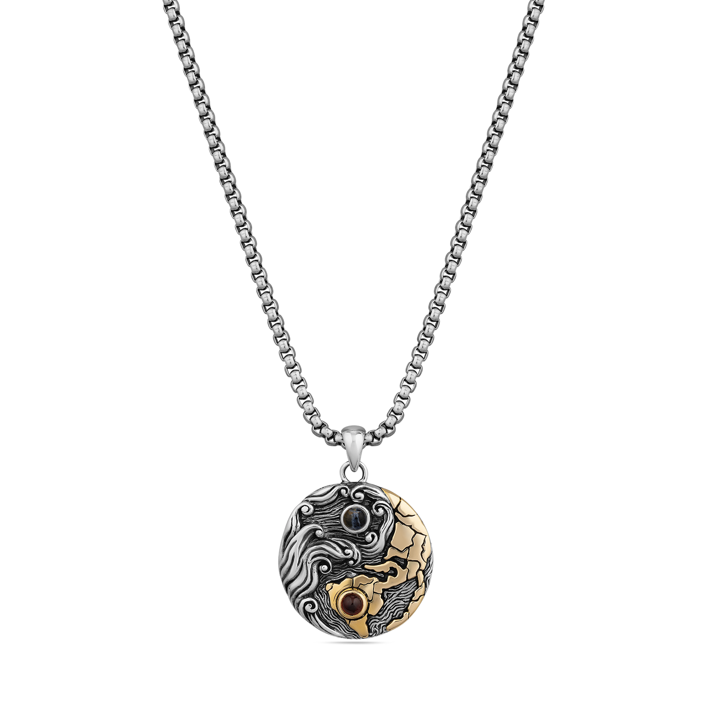 weather the storm blue pietersite red garnet pendant brass