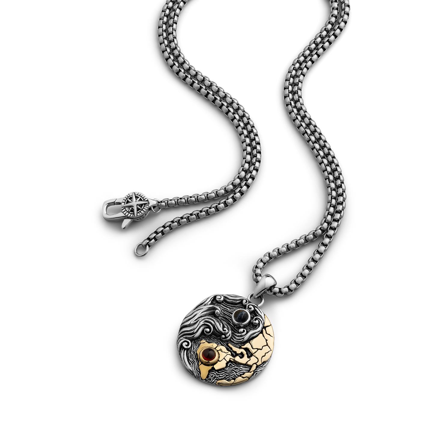 Weather the storm silver brass pendant necklace with red garnet and blue pietersite