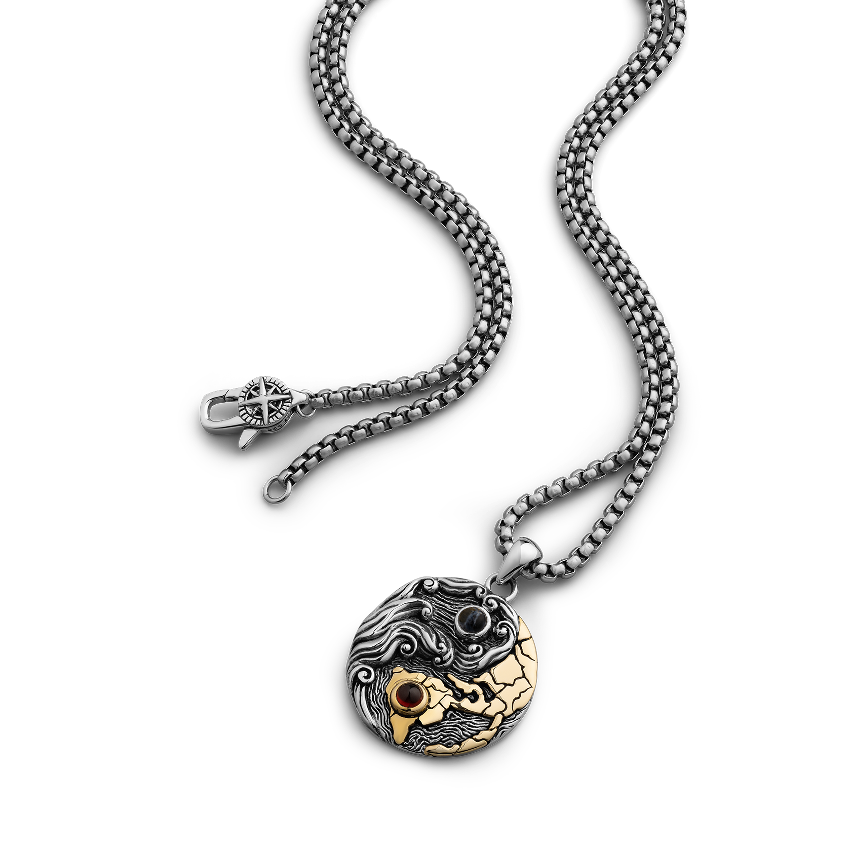 Weather the storm silver brass pendant necklace with red garnet and blue pietersite