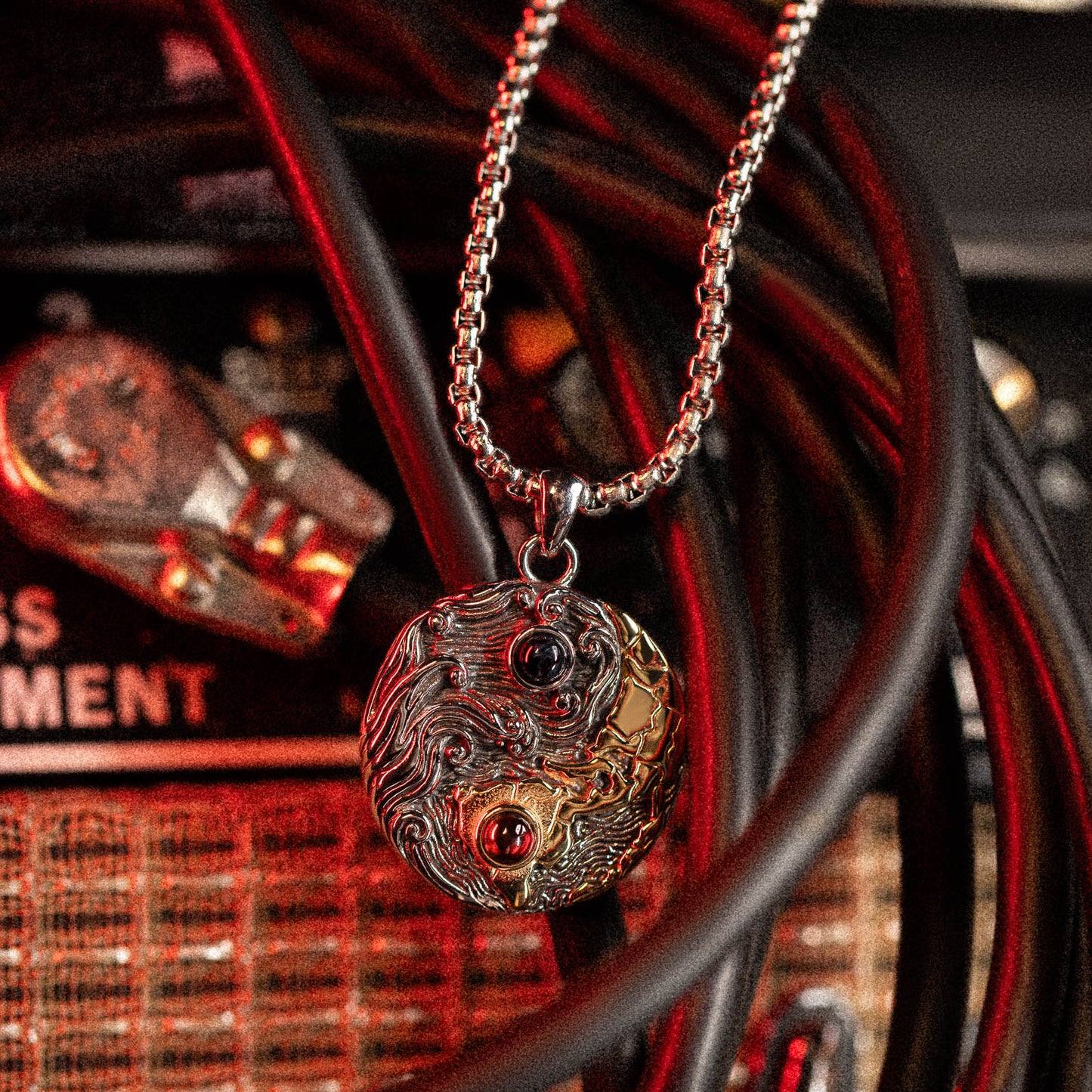 Weather the Storm Stainless Steel Red Garnet Blue Pietersite Gold Pendant Necklace for Men