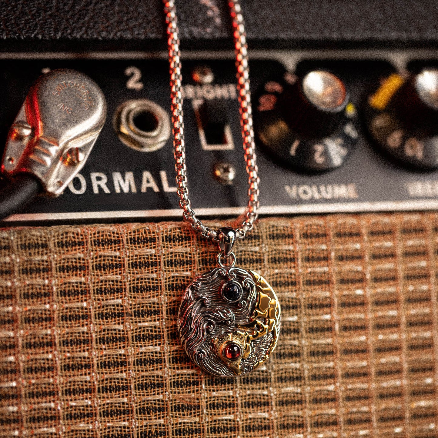 Weather the Storm Stainless Steel Red Garnet Blue Pietersite Gold Pendant Necklace for Men