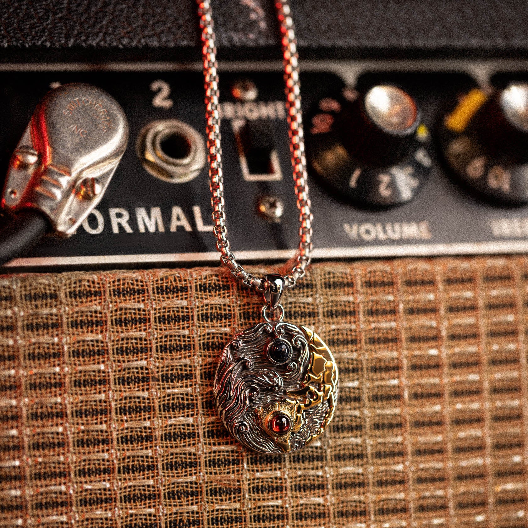 Weather the Storm Stainless Steel Red Garnet Blue Pietersite Gold Pendant Necklace for Men