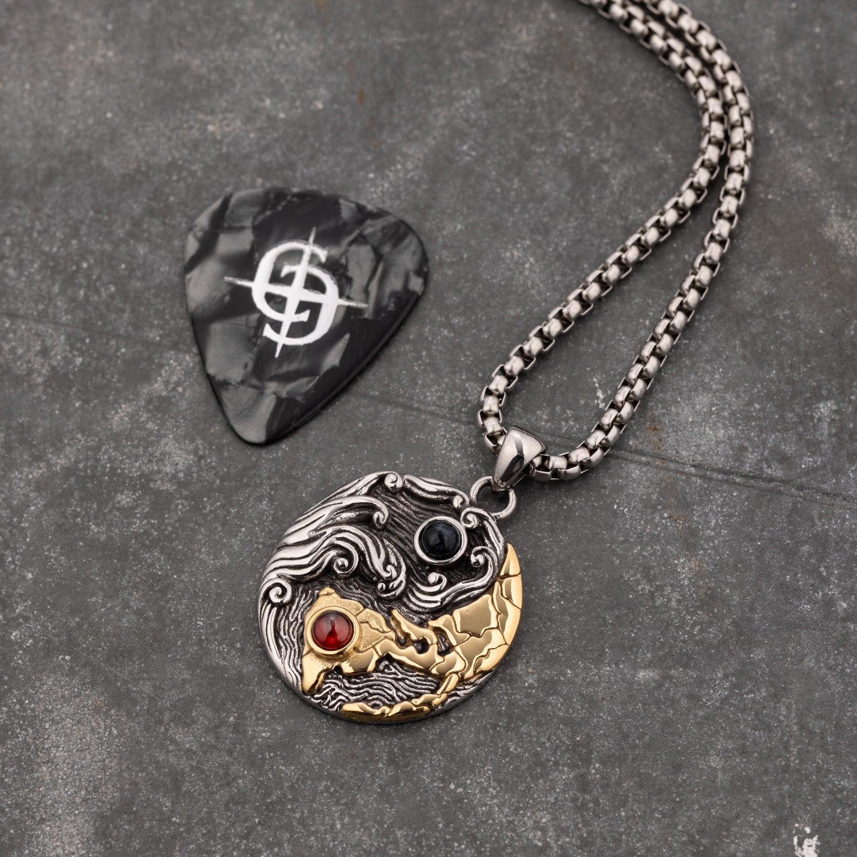 Weather the Storm Stainless Steel Red Garnet Blue Pietersite Gold Pendant Necklace for Men