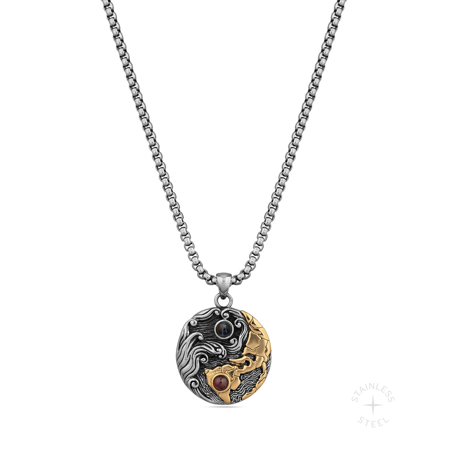 Weather the Storm Stainless Steel Red Garnet Blue Pietersite Gold Pendant Necklace for Men