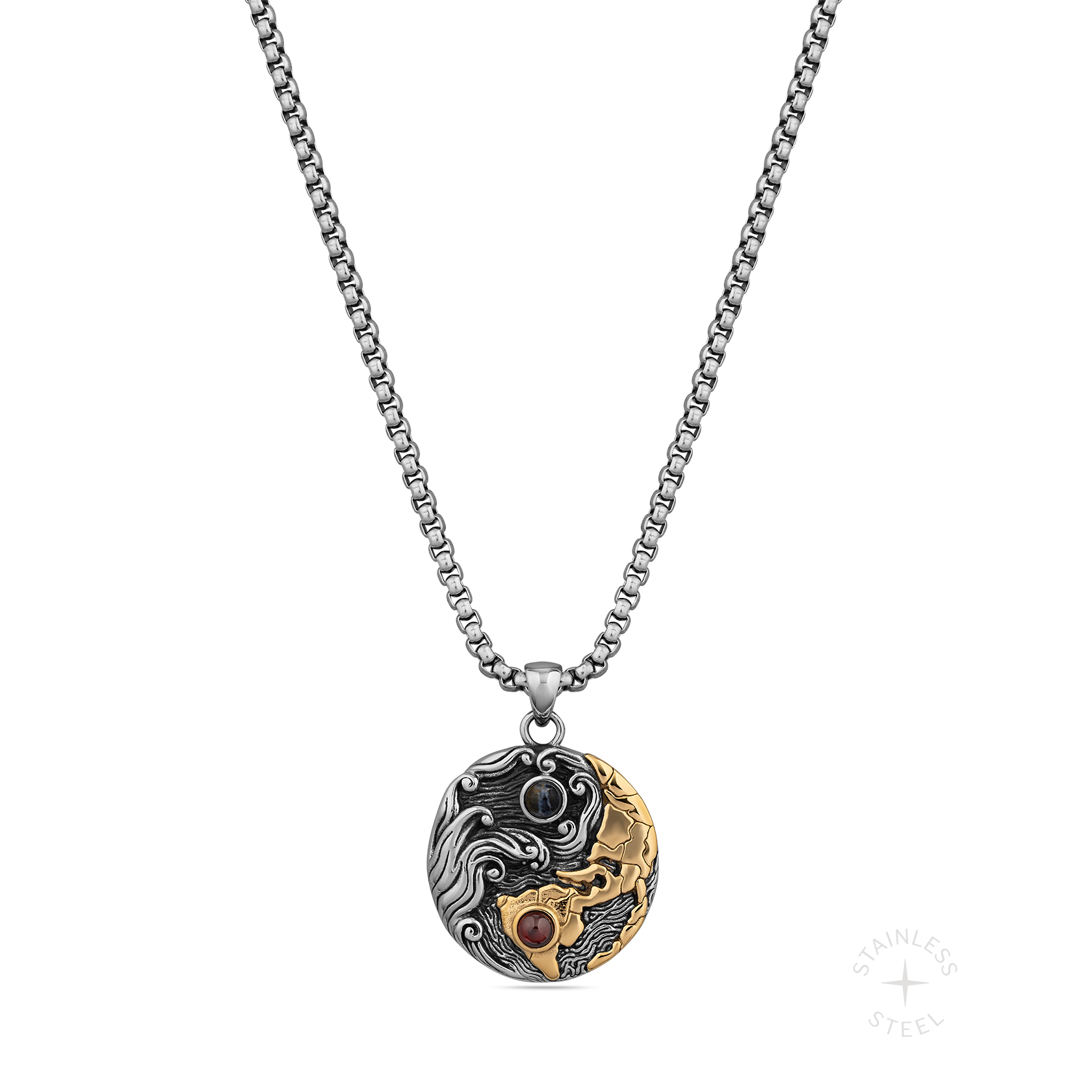 Weather the Storm Stainless Steel Red Garnet Blue Pietersite Gold Pendant Necklace for Men