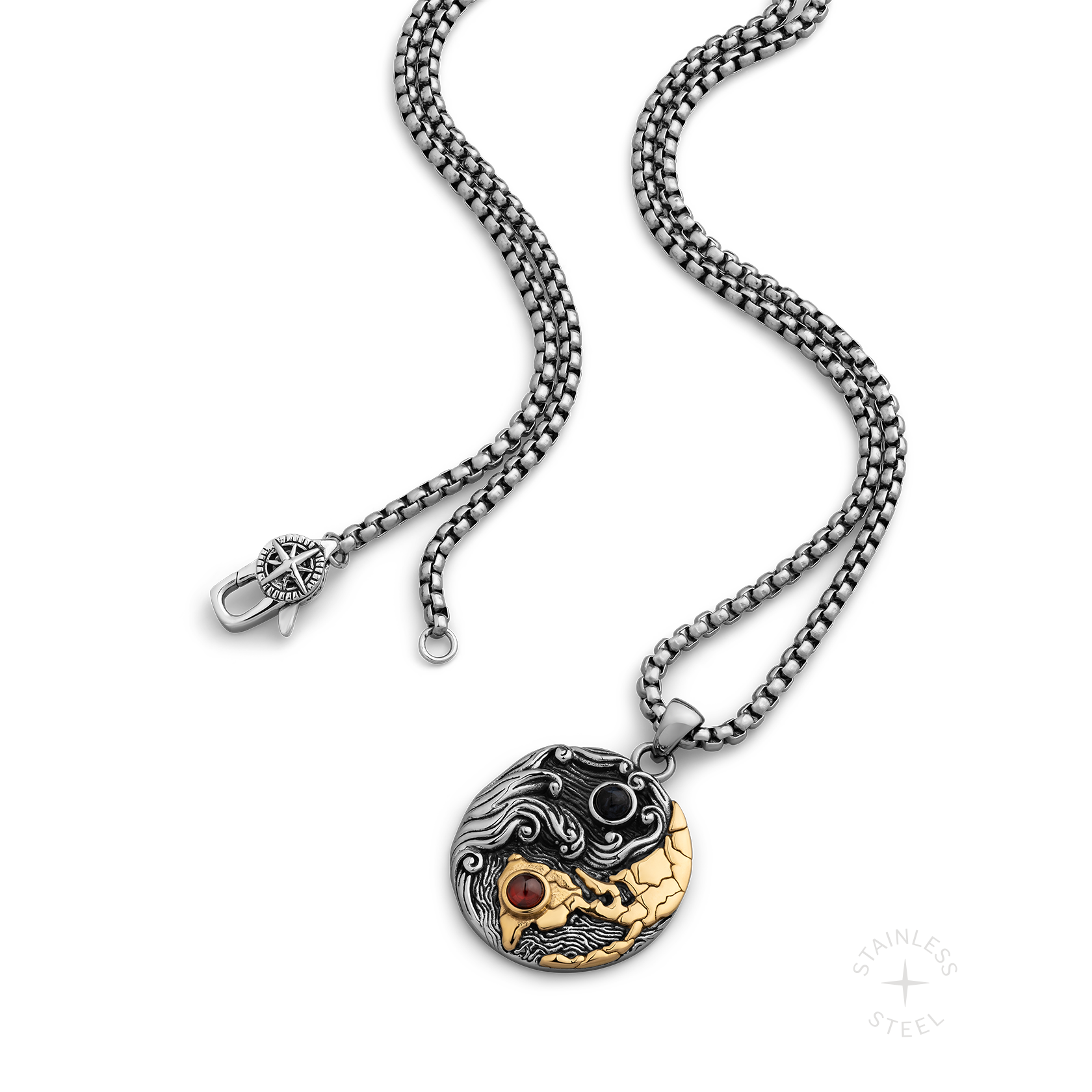 Weather the Storm Stainless Steel Red Garnet Blue Pietersite Gold Pendant Necklace for Men