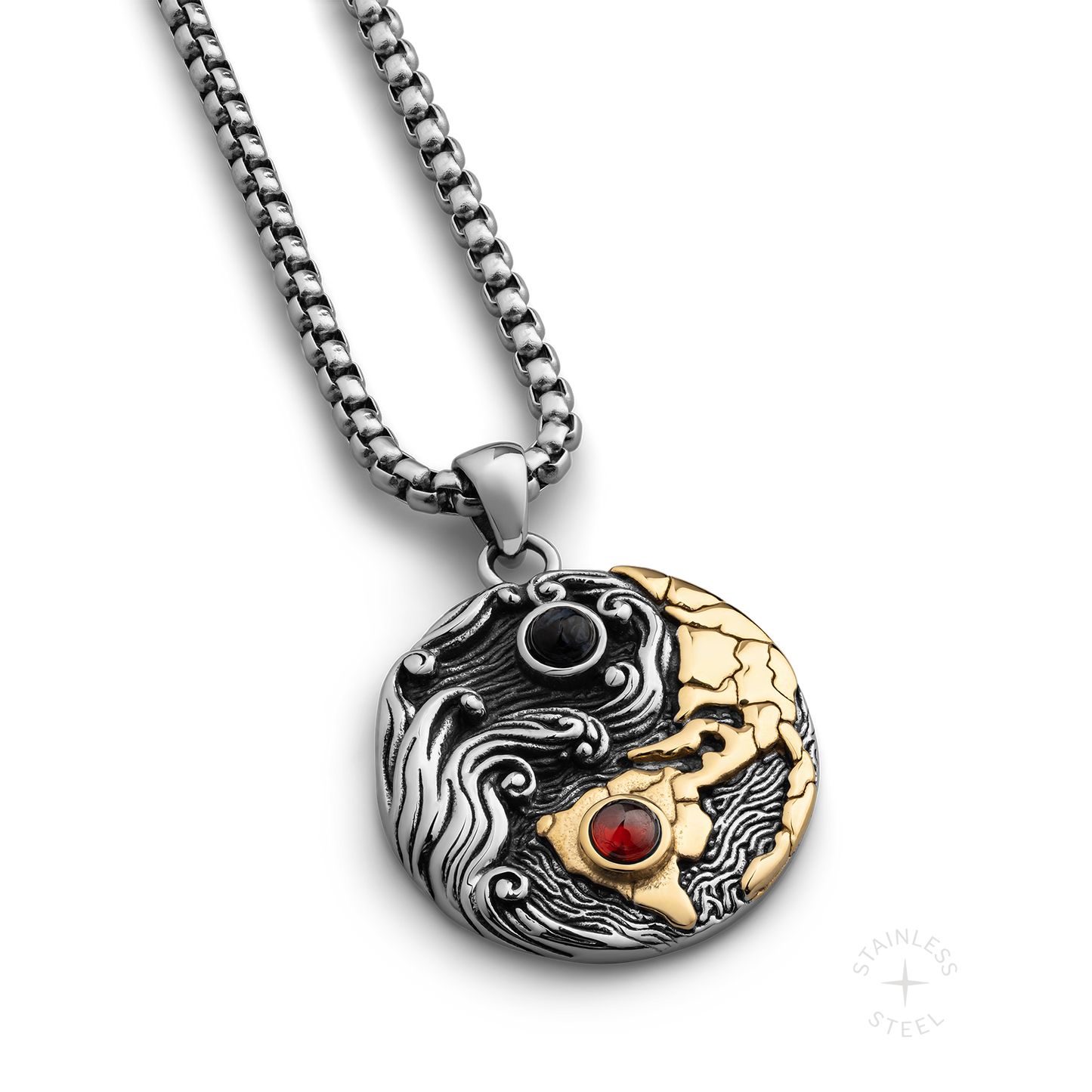 Weather the Storm Stainless Steel Red Garnet Blue Pietersite Gold Pendant Necklace for Men