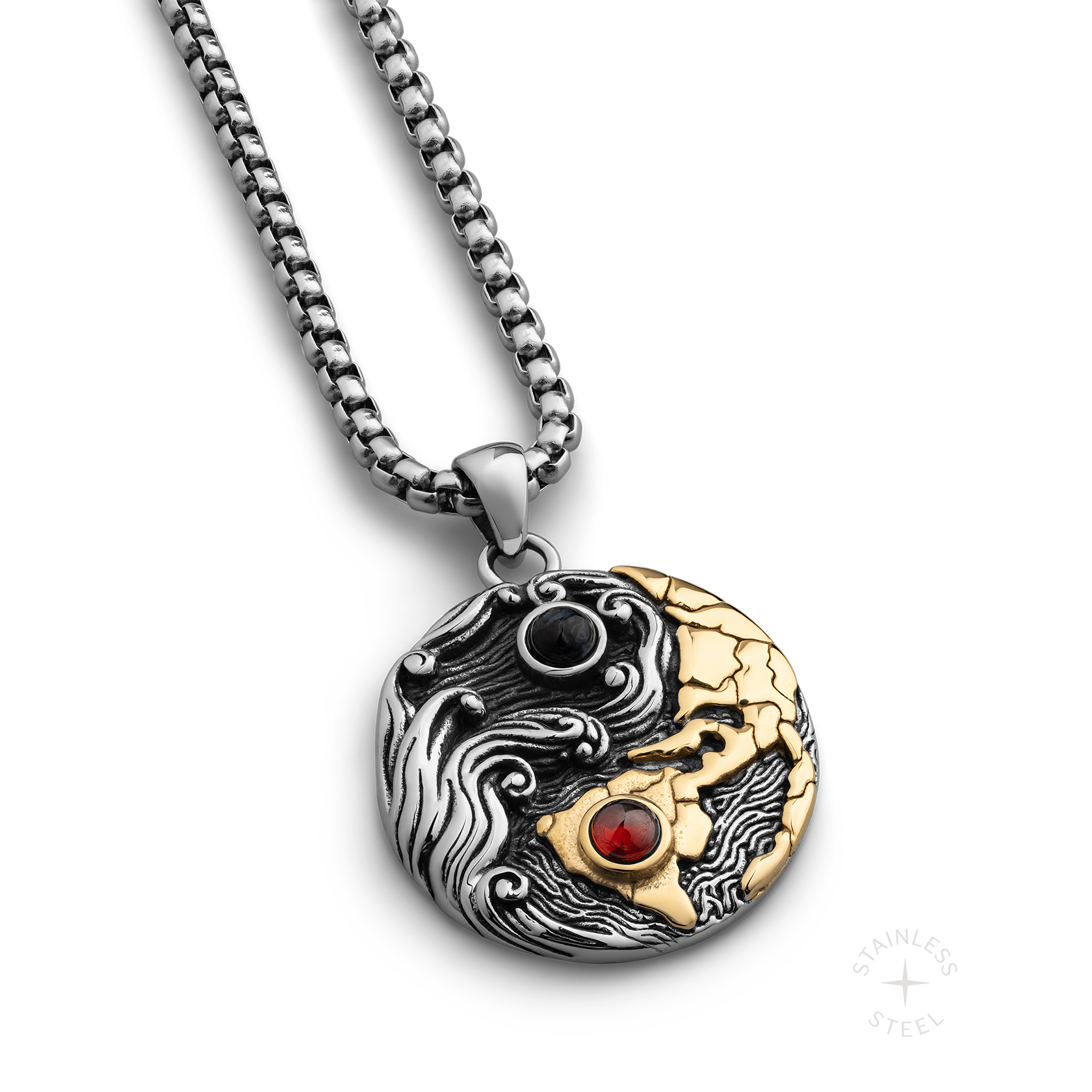 Weather the Storm Stainless Steel Red Garnet Blue Pietersite Gold Pendant Necklace for Men