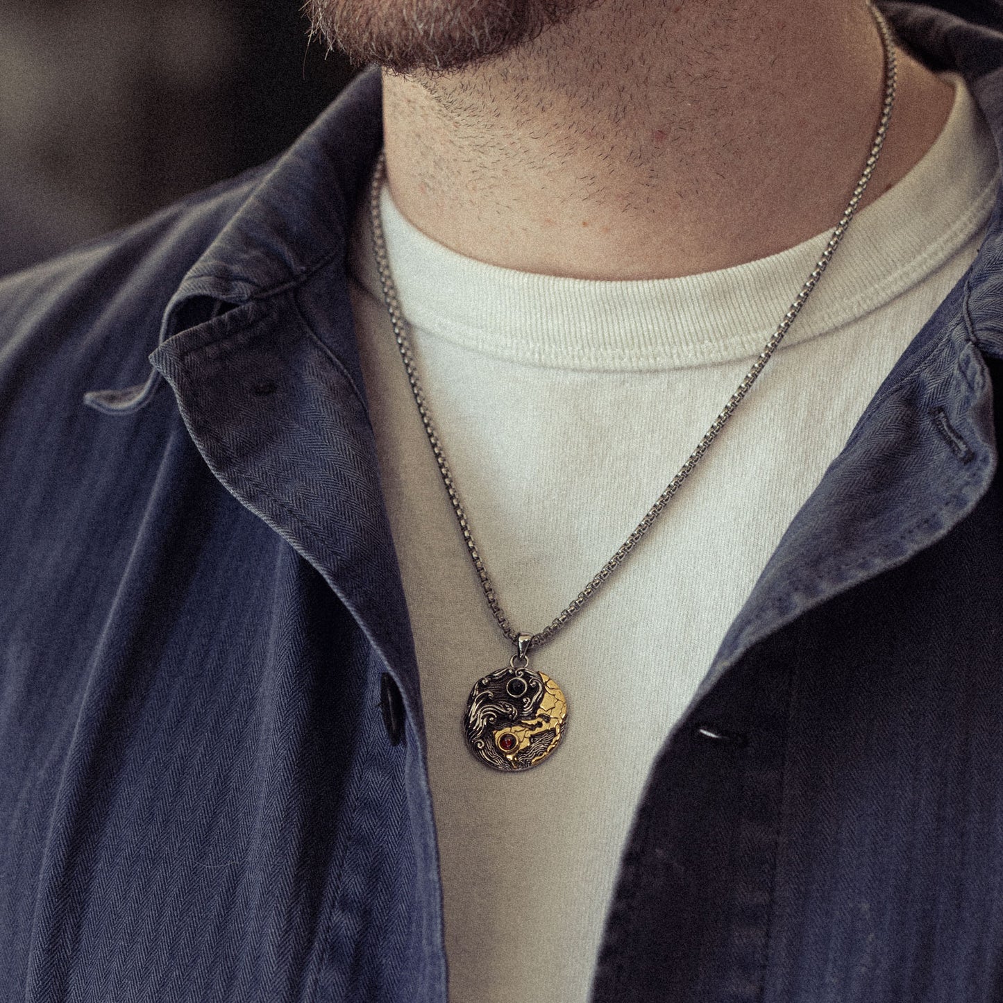Weather the Storm Stainless Steel Red Garnet Blue Pietersite Gold Pendant Necklace for Men