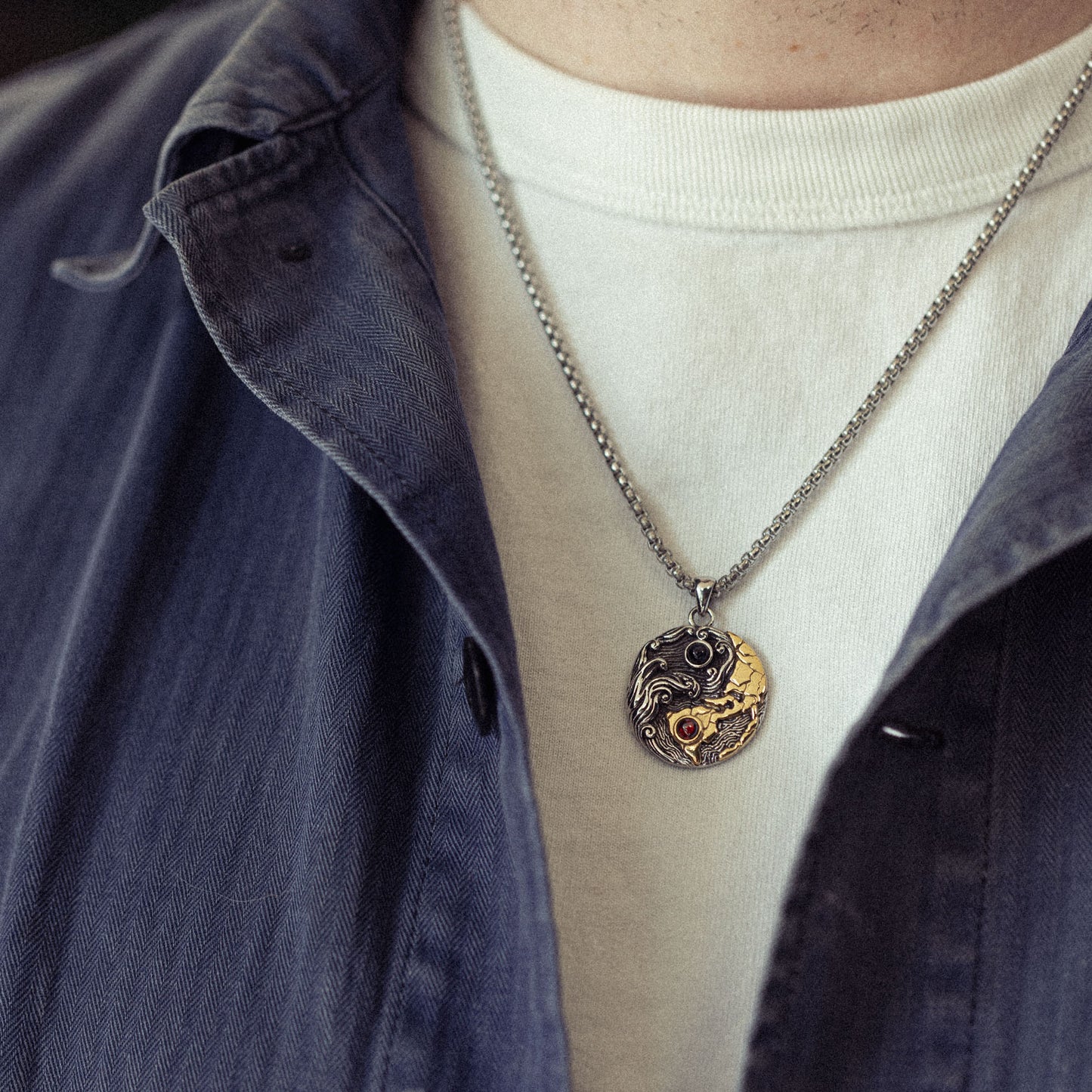 Weather the Storm Stainless Steel Red Garnet Blue Pietersite Gold Pendant Necklace for Men