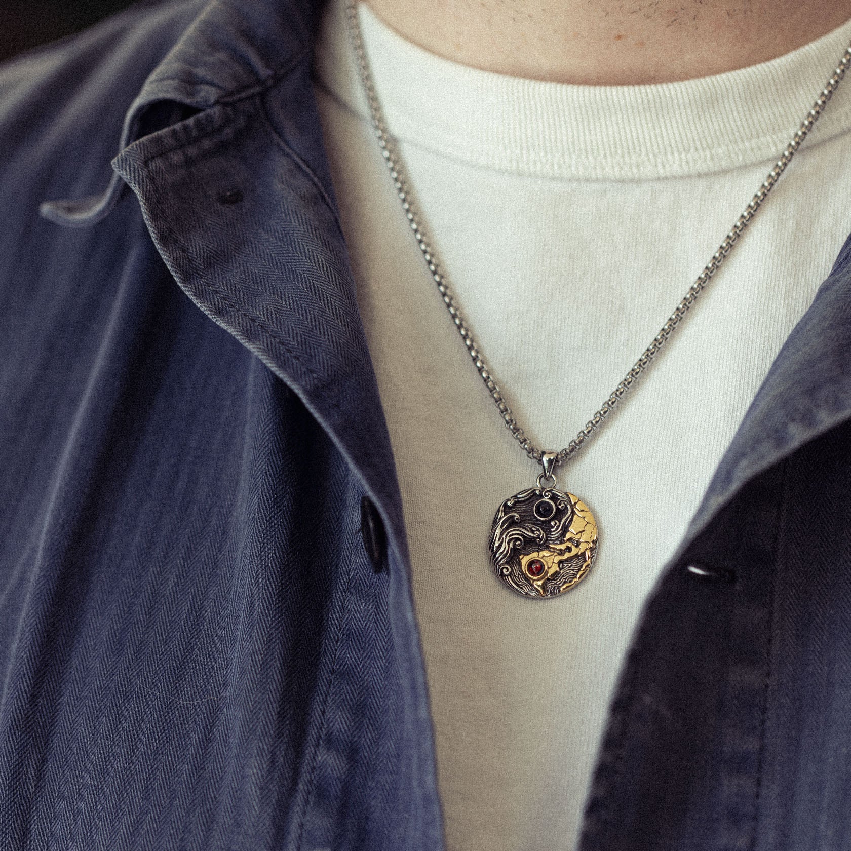 Weather the Storm Stainless Steel Red Garnet Blue Pietersite Gold Pendant Necklace for Men