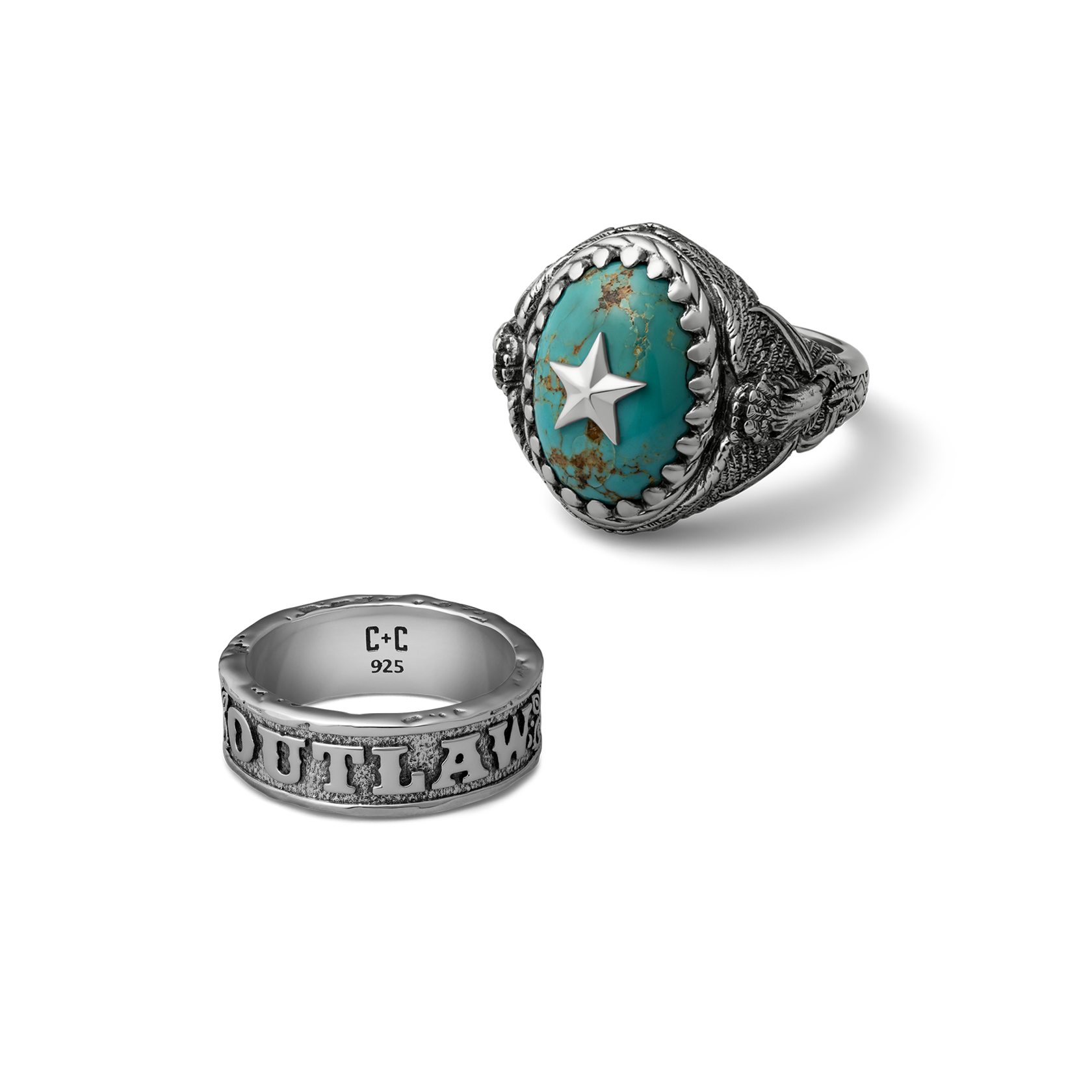 Willie Nelson x clocks and colours sterling silver turquoise bundle set of two rings
