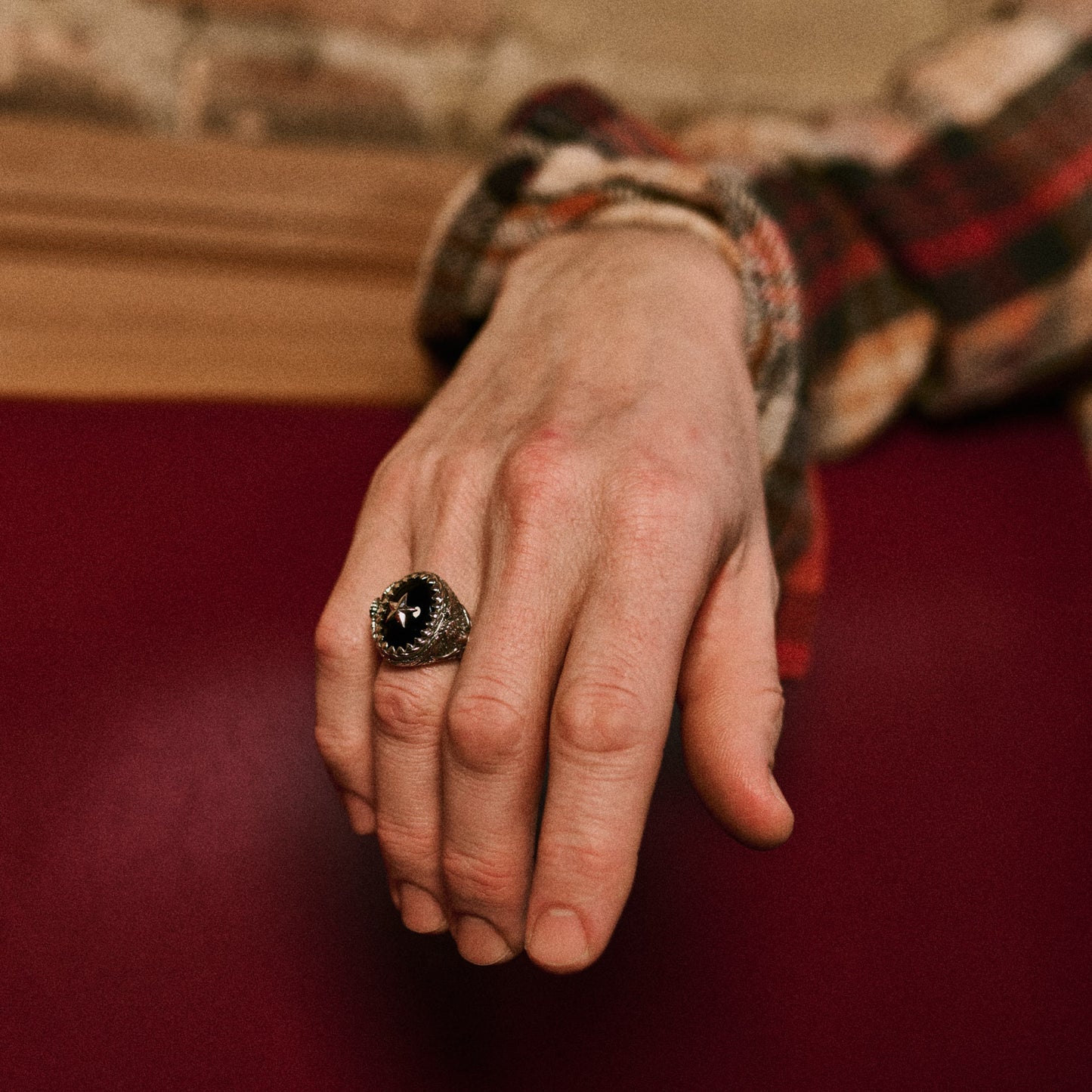 Stardust x Willie Nelson Sterling Silver with black onyx and sterling silver star and engraved wings signet statement stone ring for men