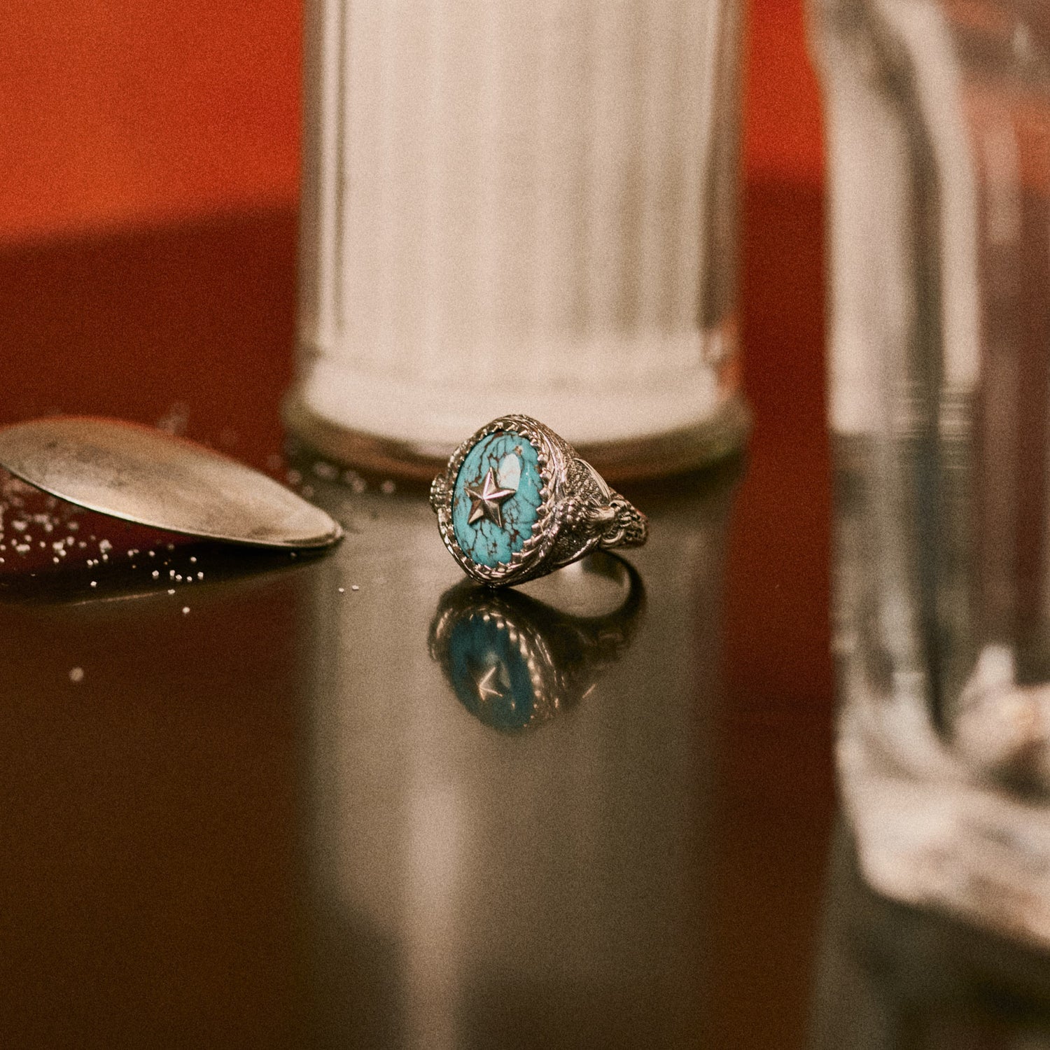 Stardust x Willie Nelson Sterling Silver with turquoise and sterling silver star and engraved wings signet statement stone ring for men