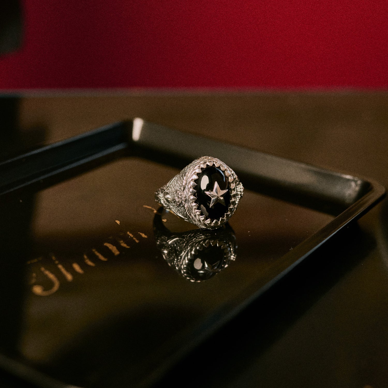Stardust x Willie Nelson Sterling Silver with black onyx and sterling silver star and engraved wings signet statement stone ring for men