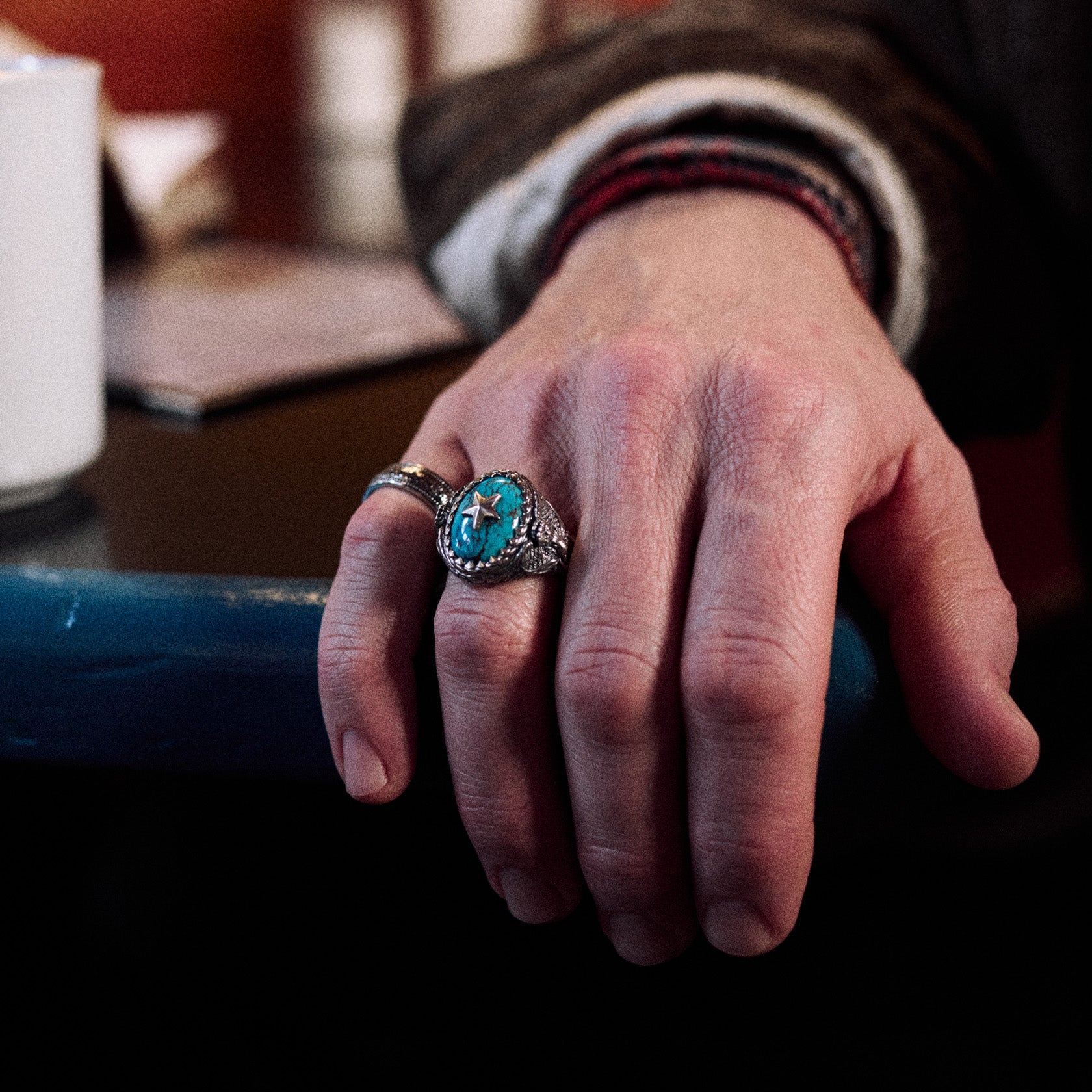 Stardust x Willie Nelson Sterling Silver with turquoise and sterling silver star and engraved wings signet statement stone ring for men